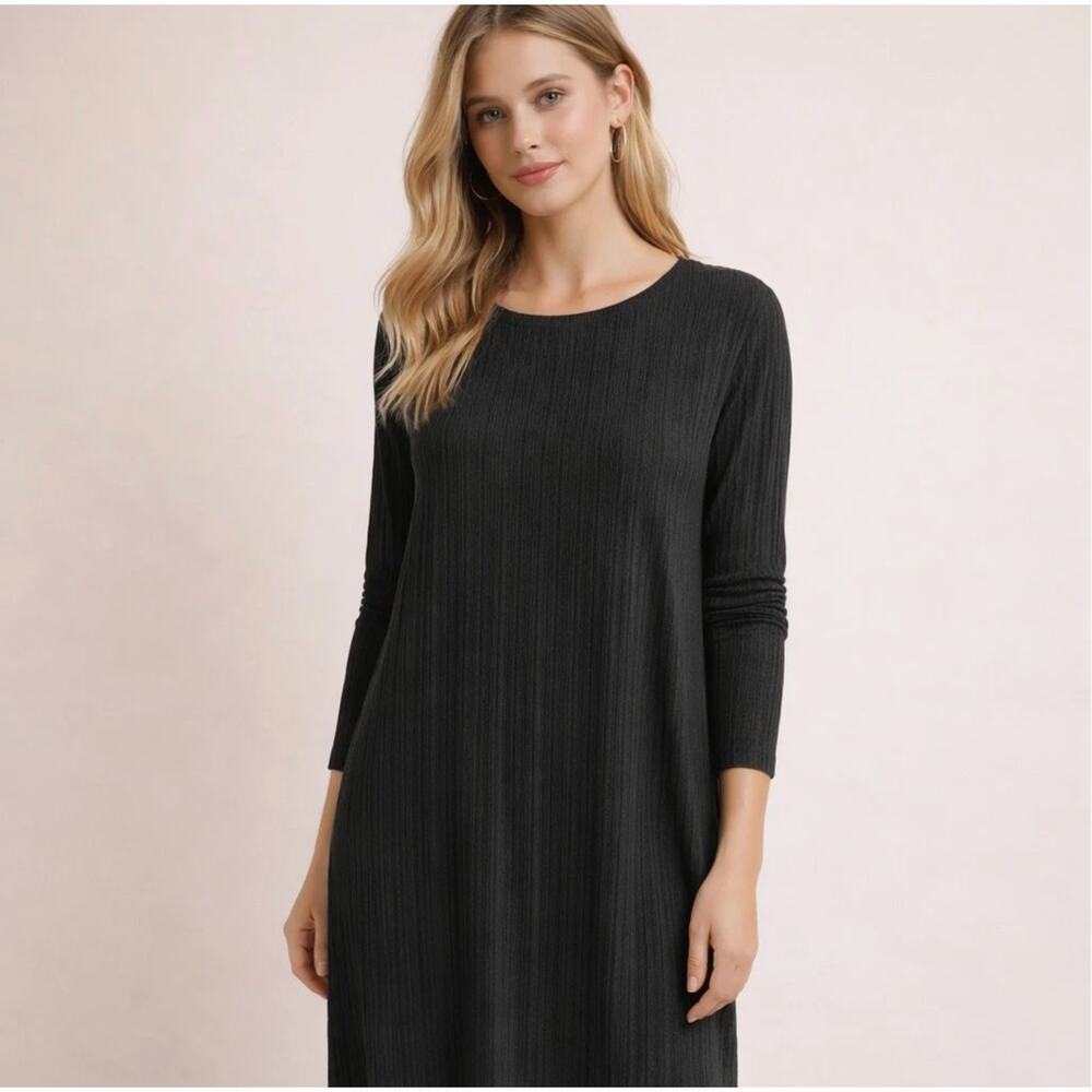 Eileen Fisher Long Sleeve Dress Womens S Black Textured Ribbed Midi Work Career